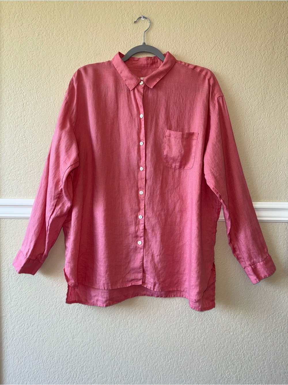 J. Jill 100% Linen Button Down Long Sleeve Shirt Coral Pink Large Coastal